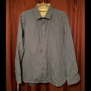 Nice Blue Patterned Ted Baker Slim Fit Long Sleeve Button Down